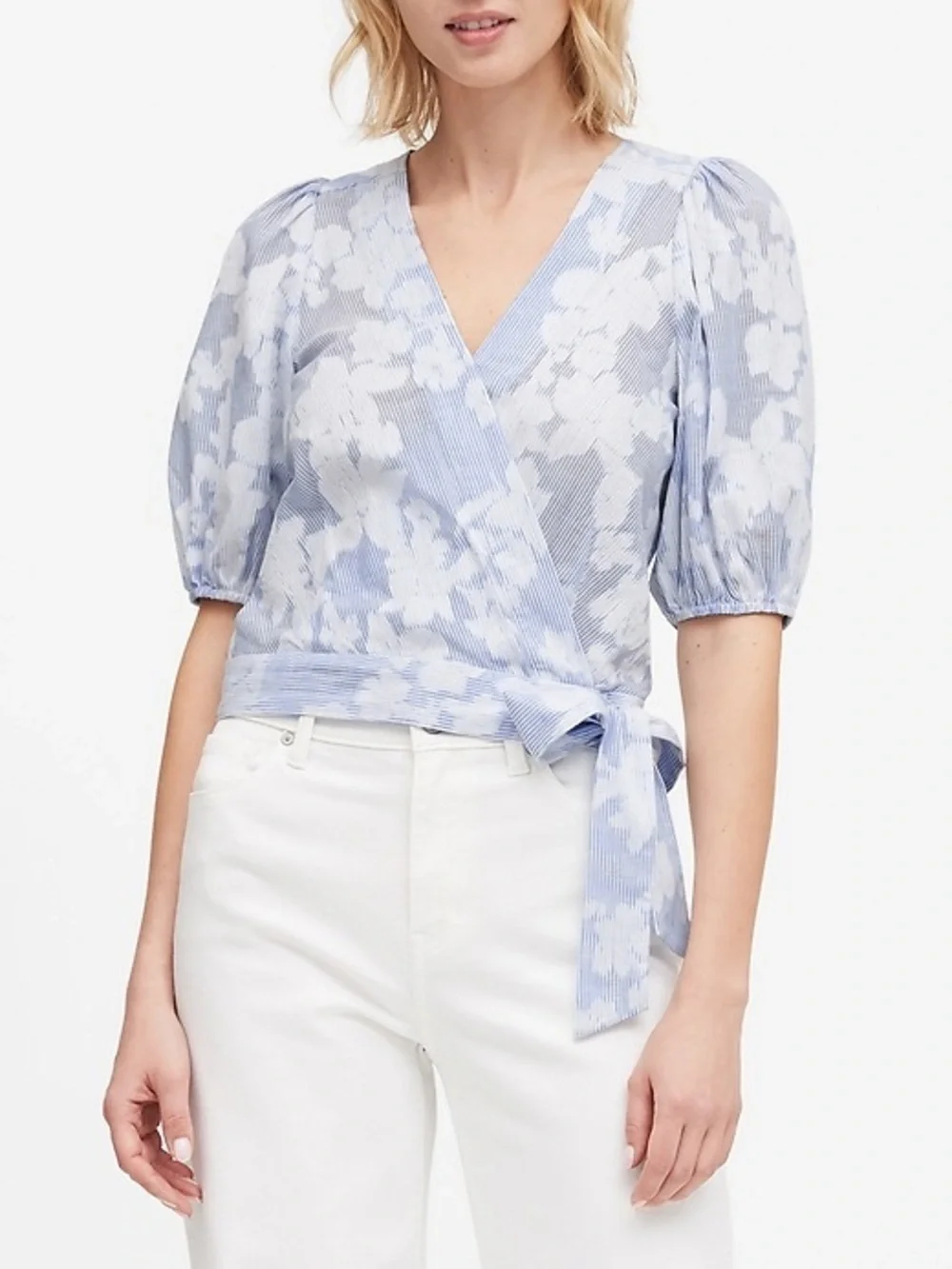 Banana Republic Light Blue Floral Wrap Top with Puff Sleeves M